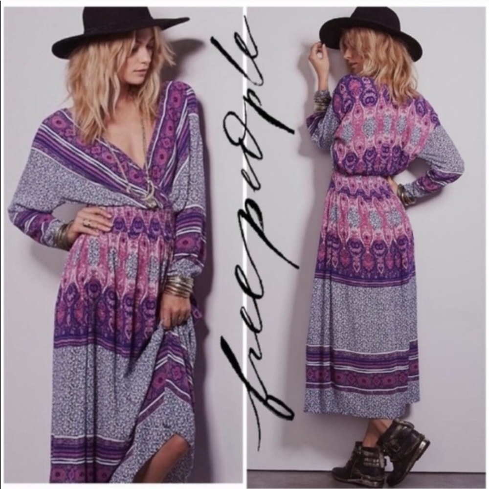 Free People She’s A Lady Printed MIDI Reversible V Neck Dress